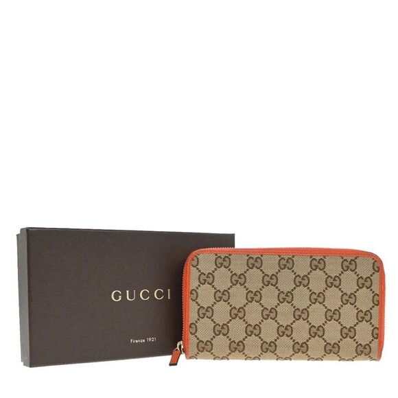 GUCCI Logo GG Pattern Zip Around Long Wallet Canvas Leather Brown Orange 33KB040 - Picture 1 of 13